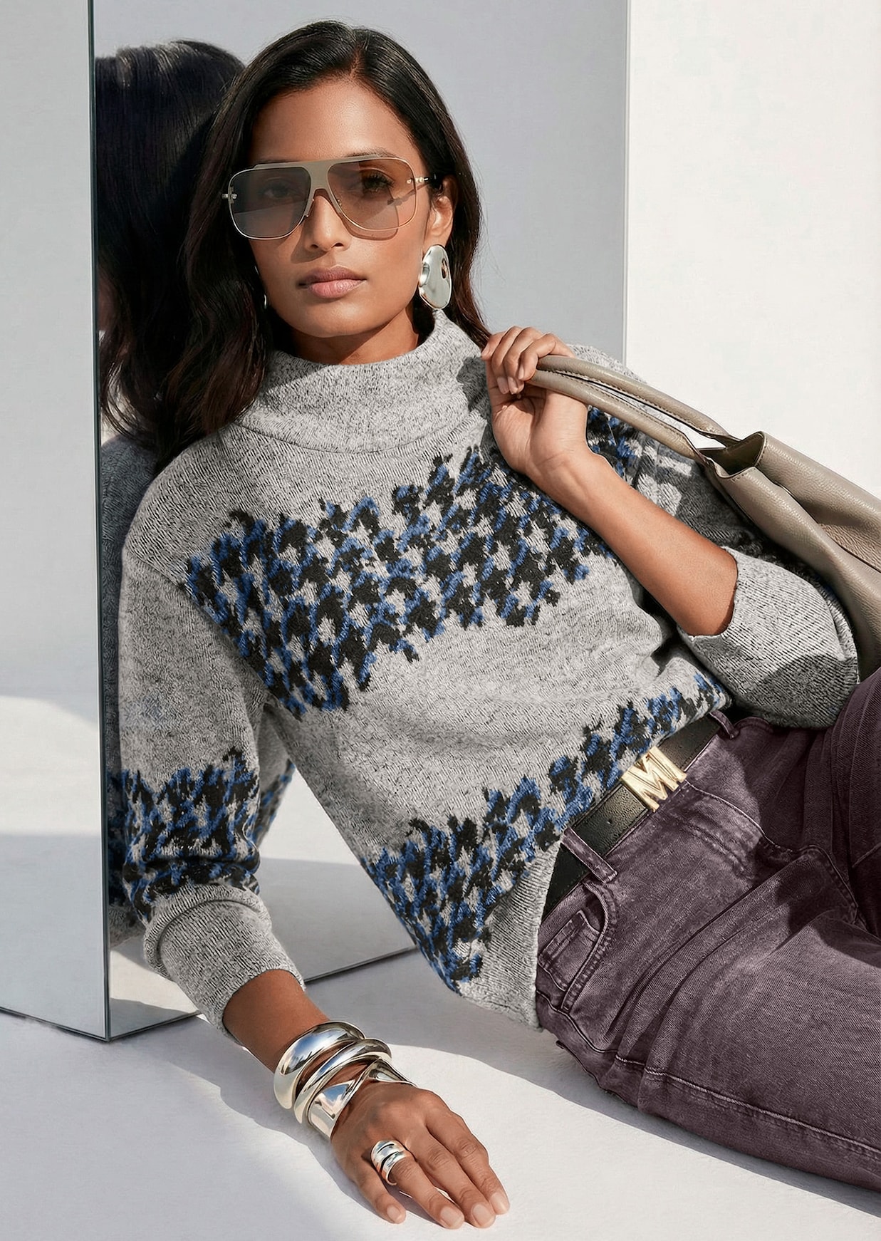 Jacquard sweatshirt met pied-de-poule