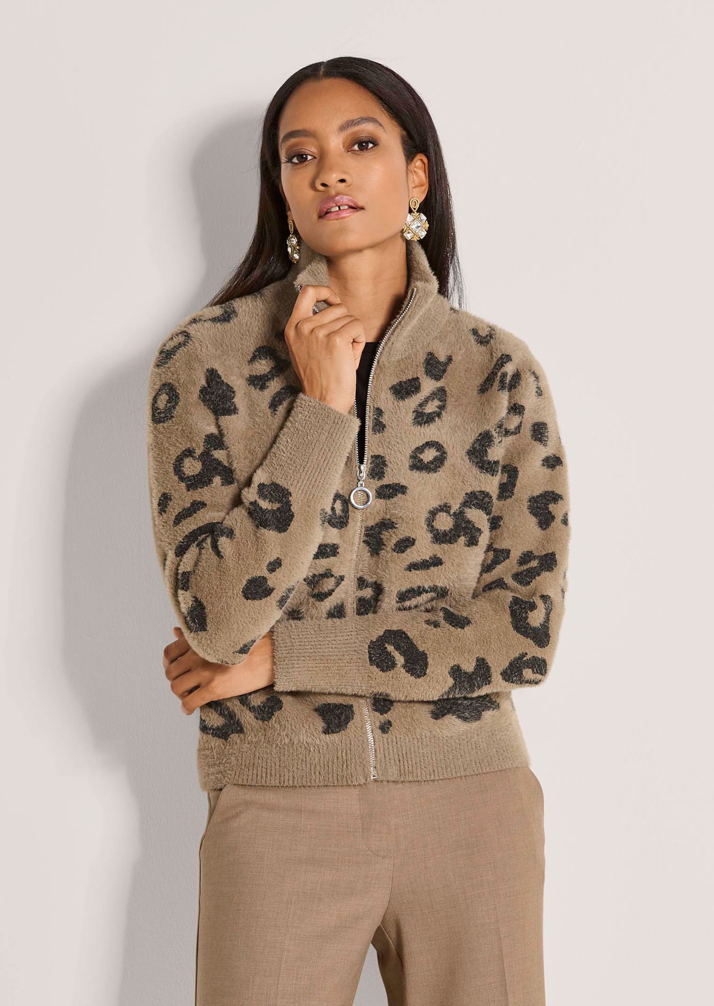 Jacquard-Strickblouson mit Leopardenmuster