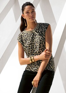 Leopard print top with striped neckline thumbnail 1