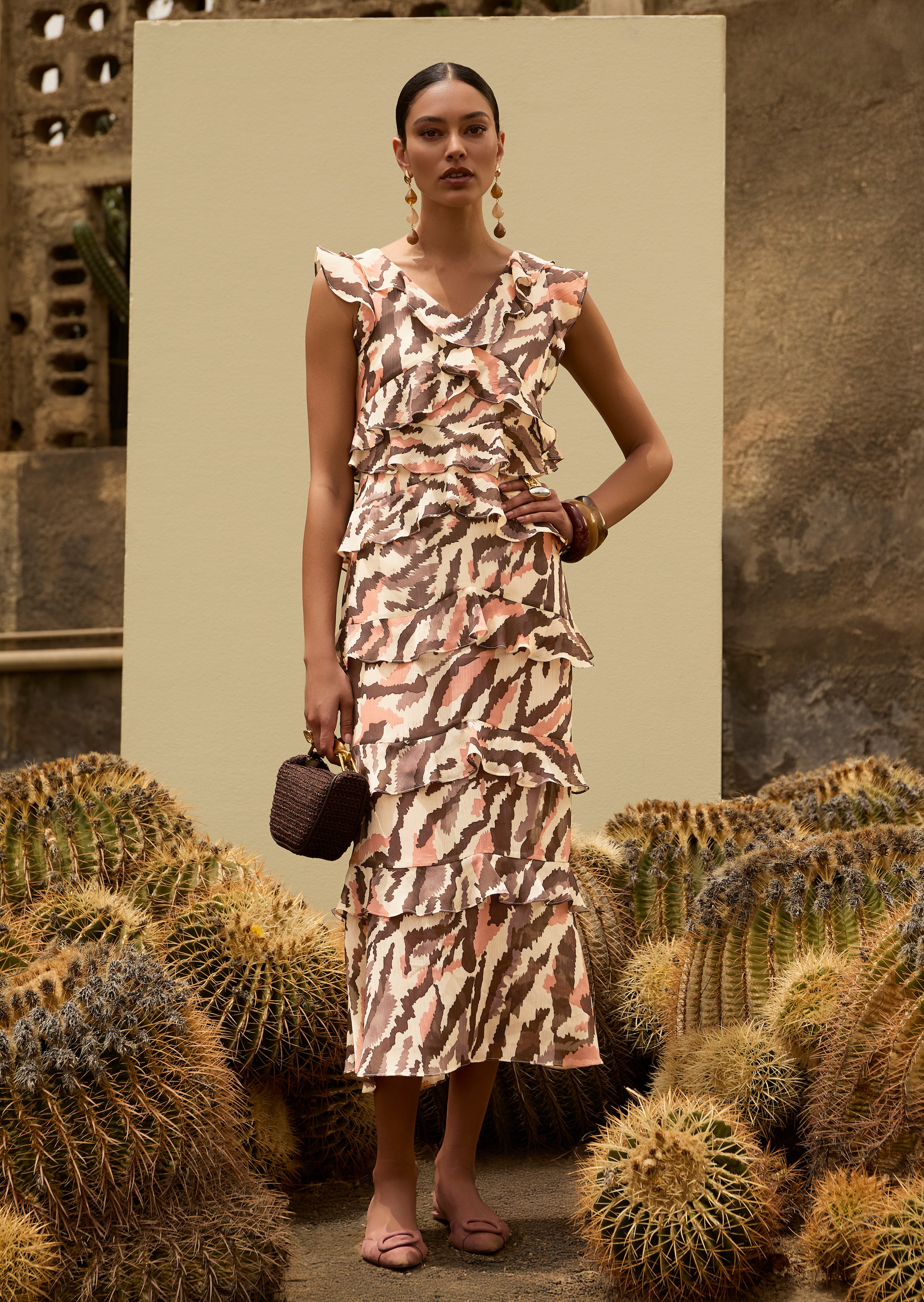 Chiffonkleid mit Volants und Animalprint