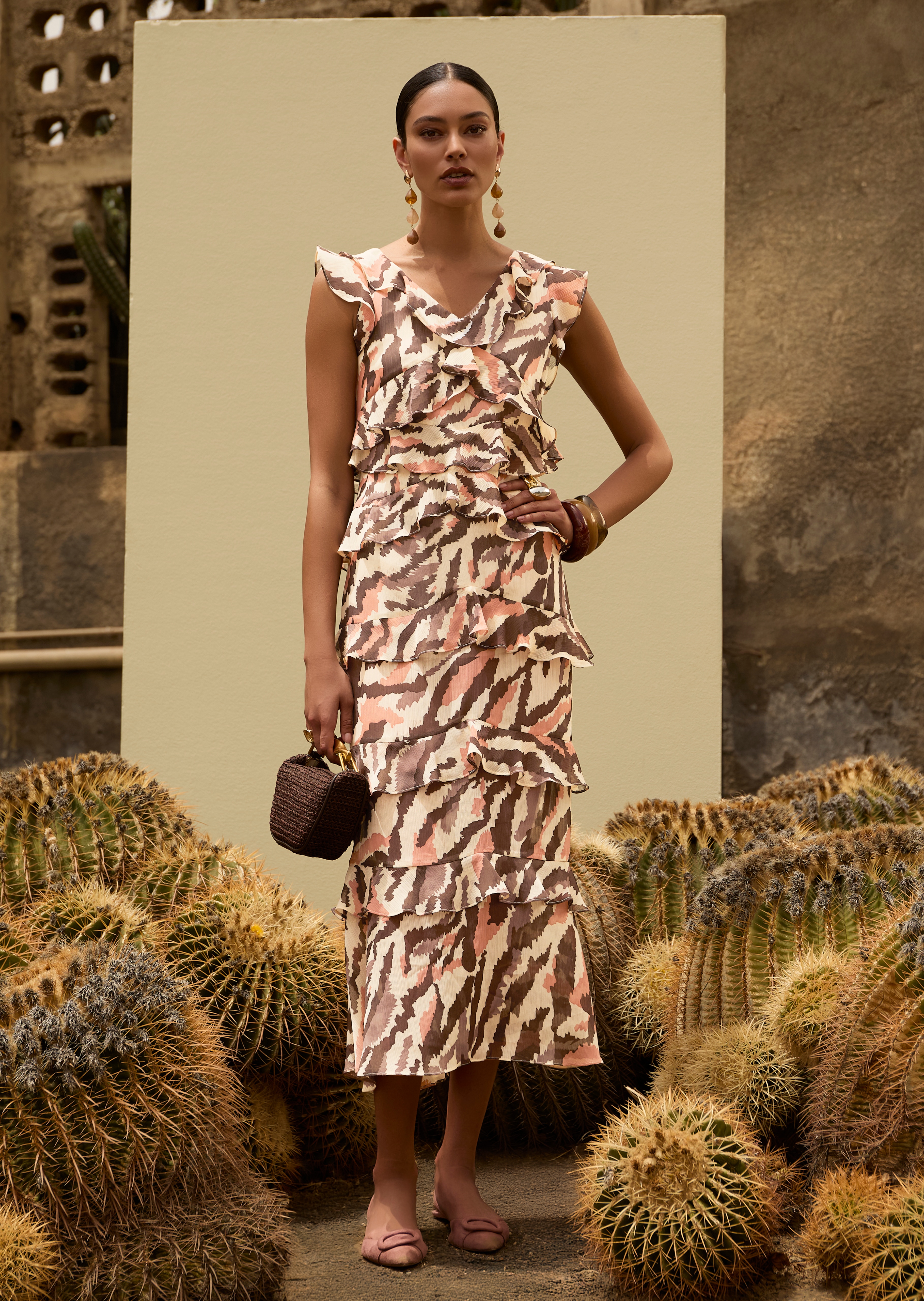 Chiffonkleid mit Volants und Animalprint