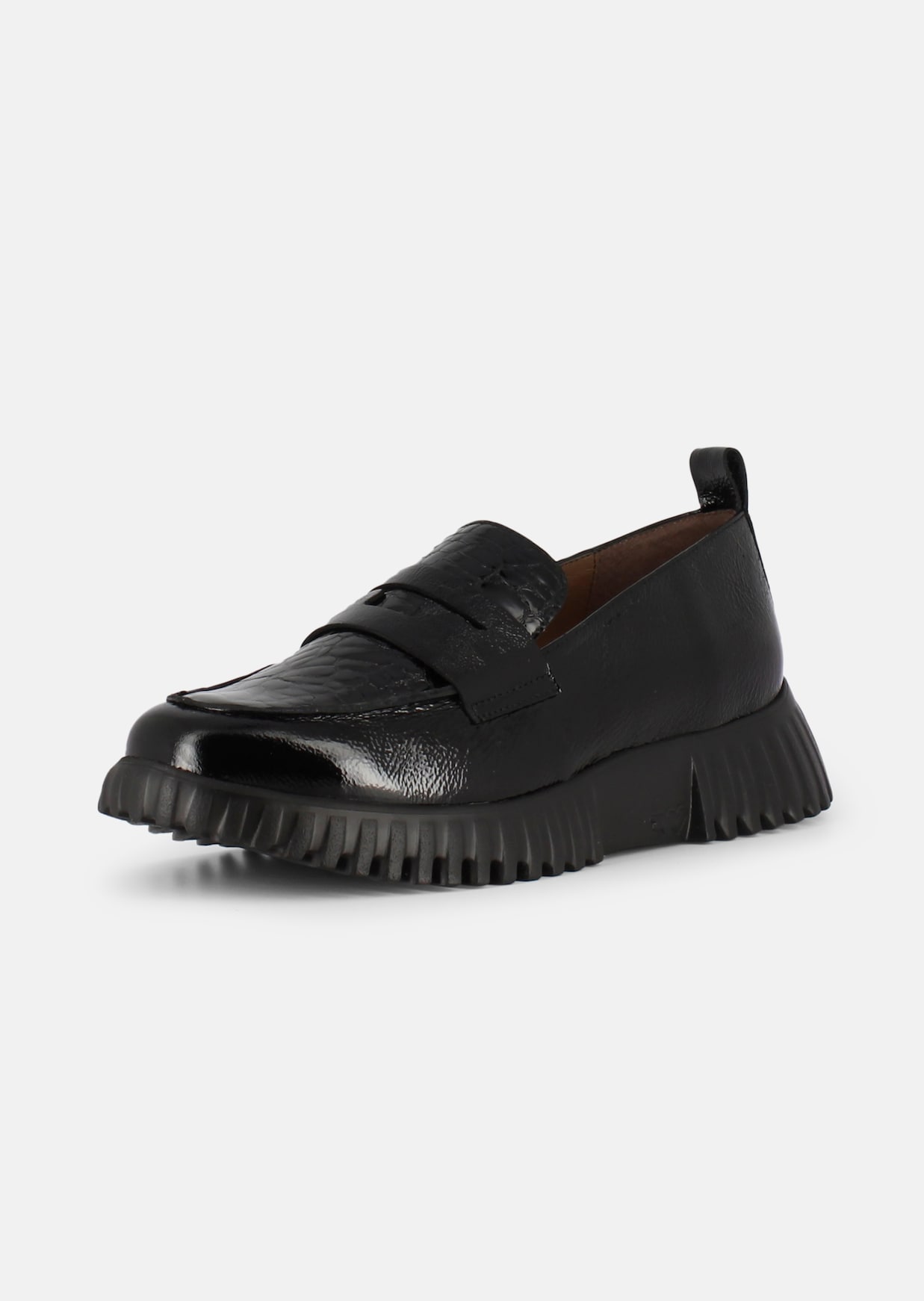 Patent leather loafers with a reptile-effect embossed finish