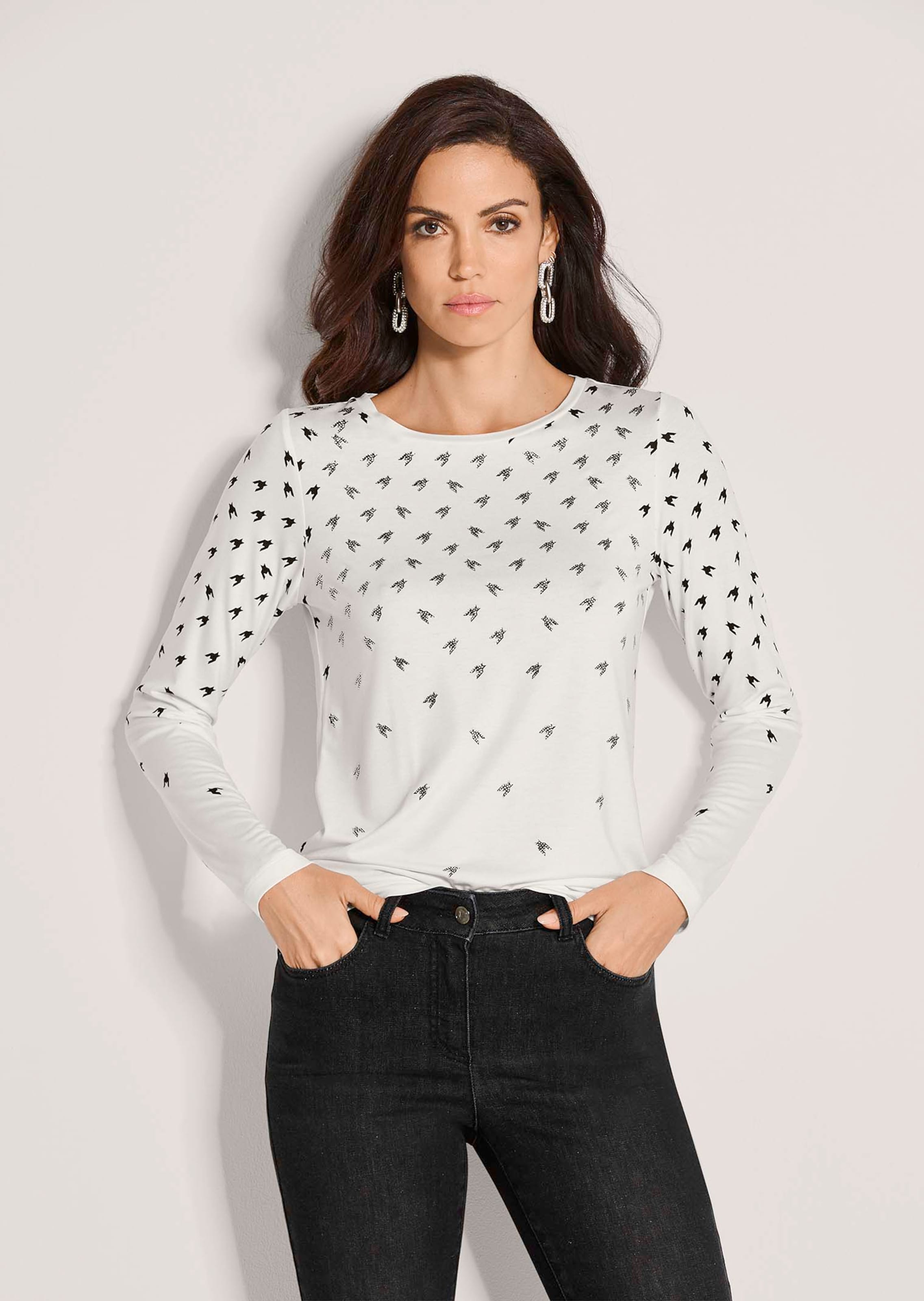 Langarmshirt mit Strass und Hahnentrittmuster