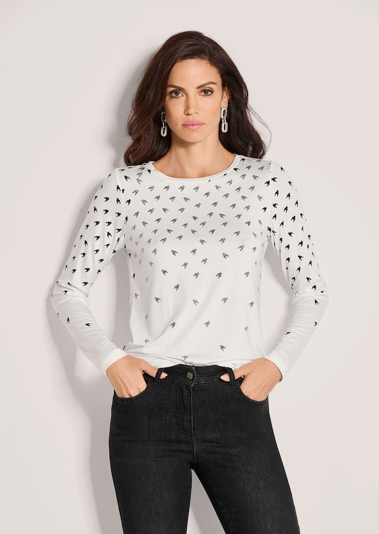 Langarmshirt mit Strass und Hahnentrittmuster