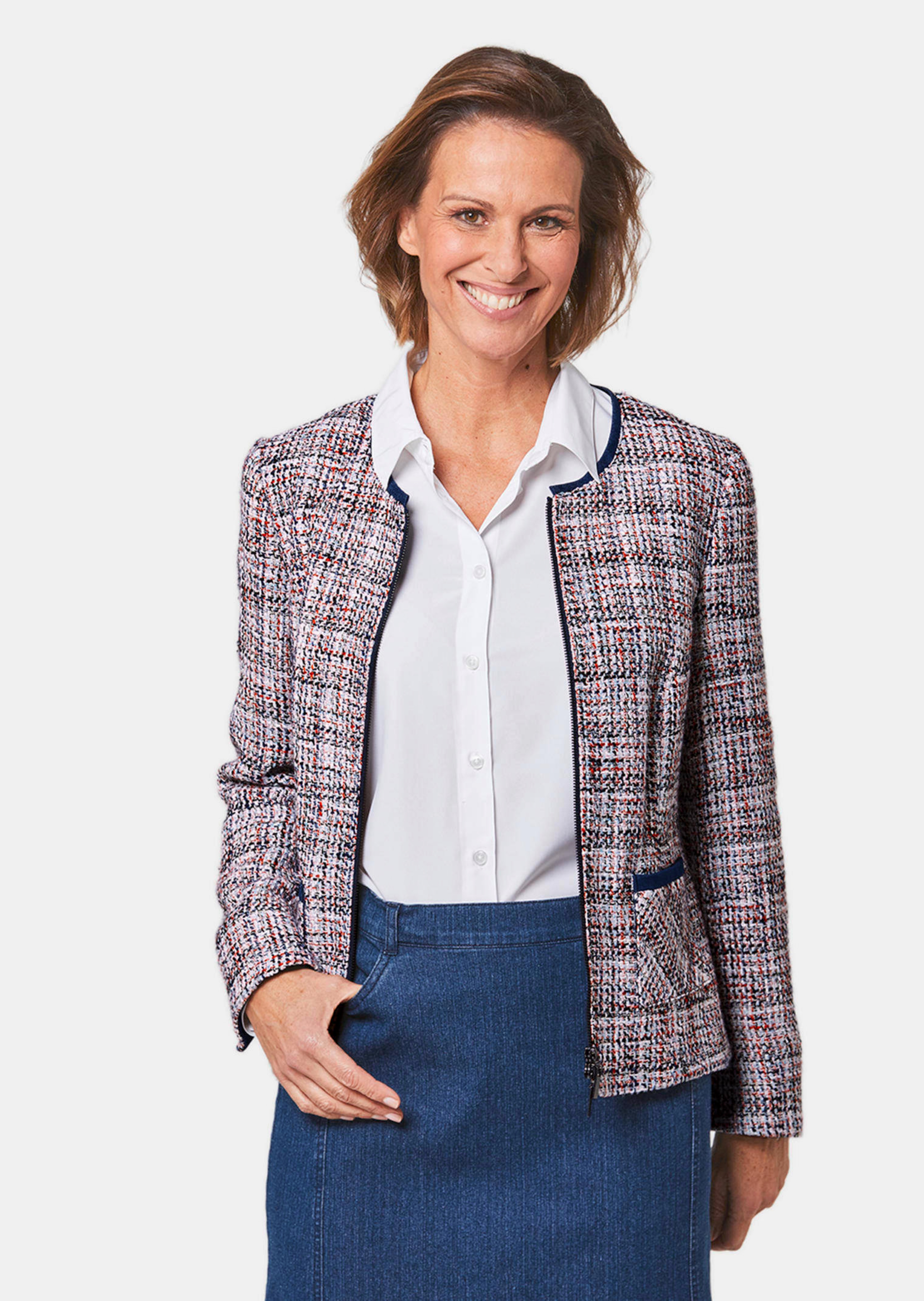 Edler Bouclé-Blazer mit Jeanspaspel